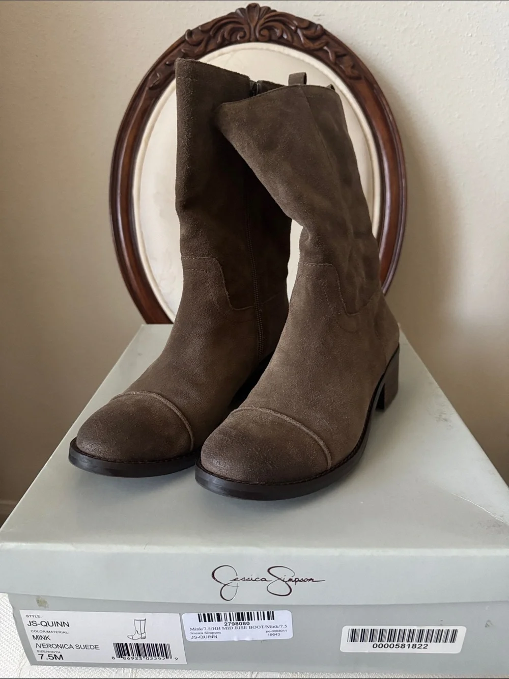 Jessica Simpson Taupe Suede Mid-Calf Heeled Boots
